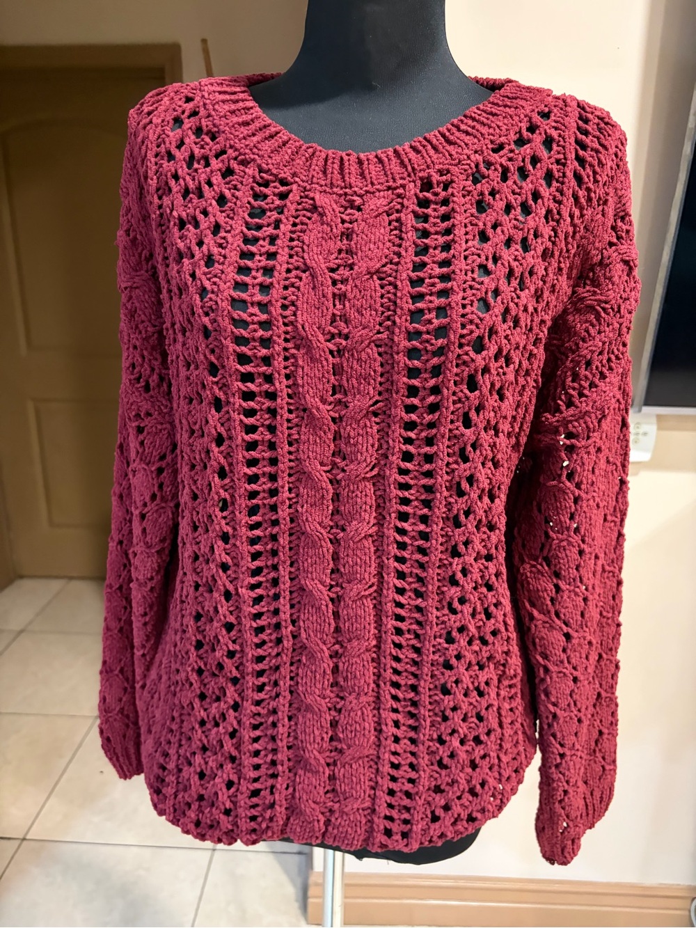 Blu Pepper Open-Knit Cable Sweater in Wine Red